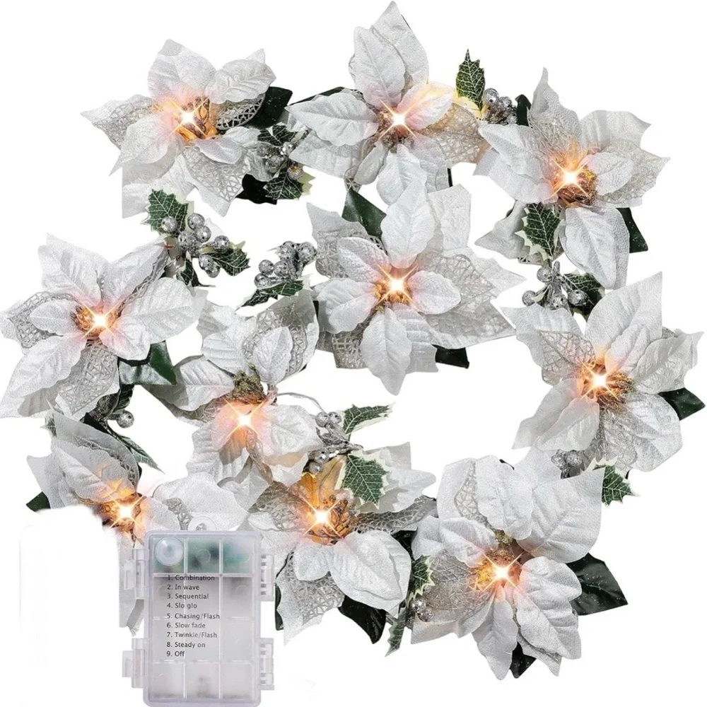 White LED Poinsettia Holiday Lights